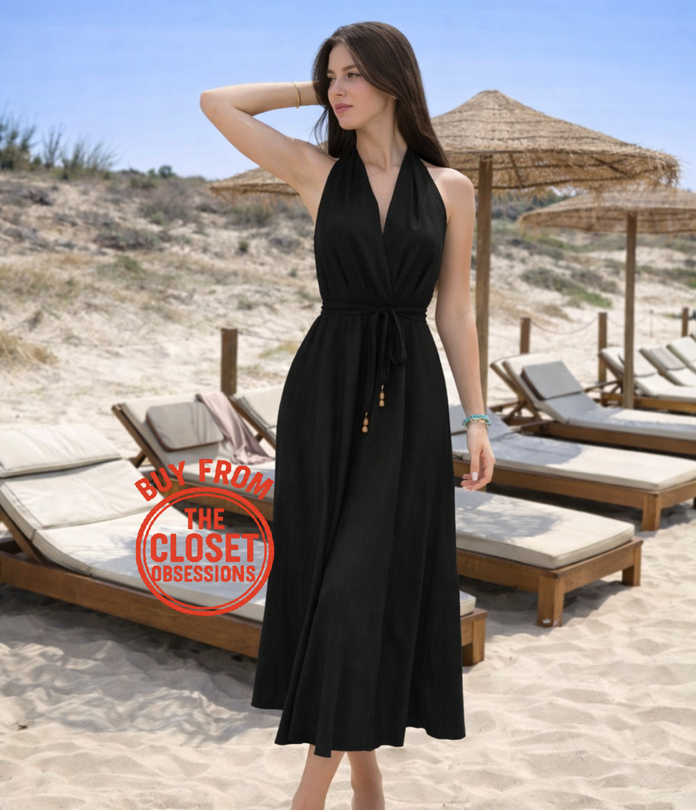 ZARA Black Linen Blend Halter Midi Dress Open Back Quiet Luxury NWT
